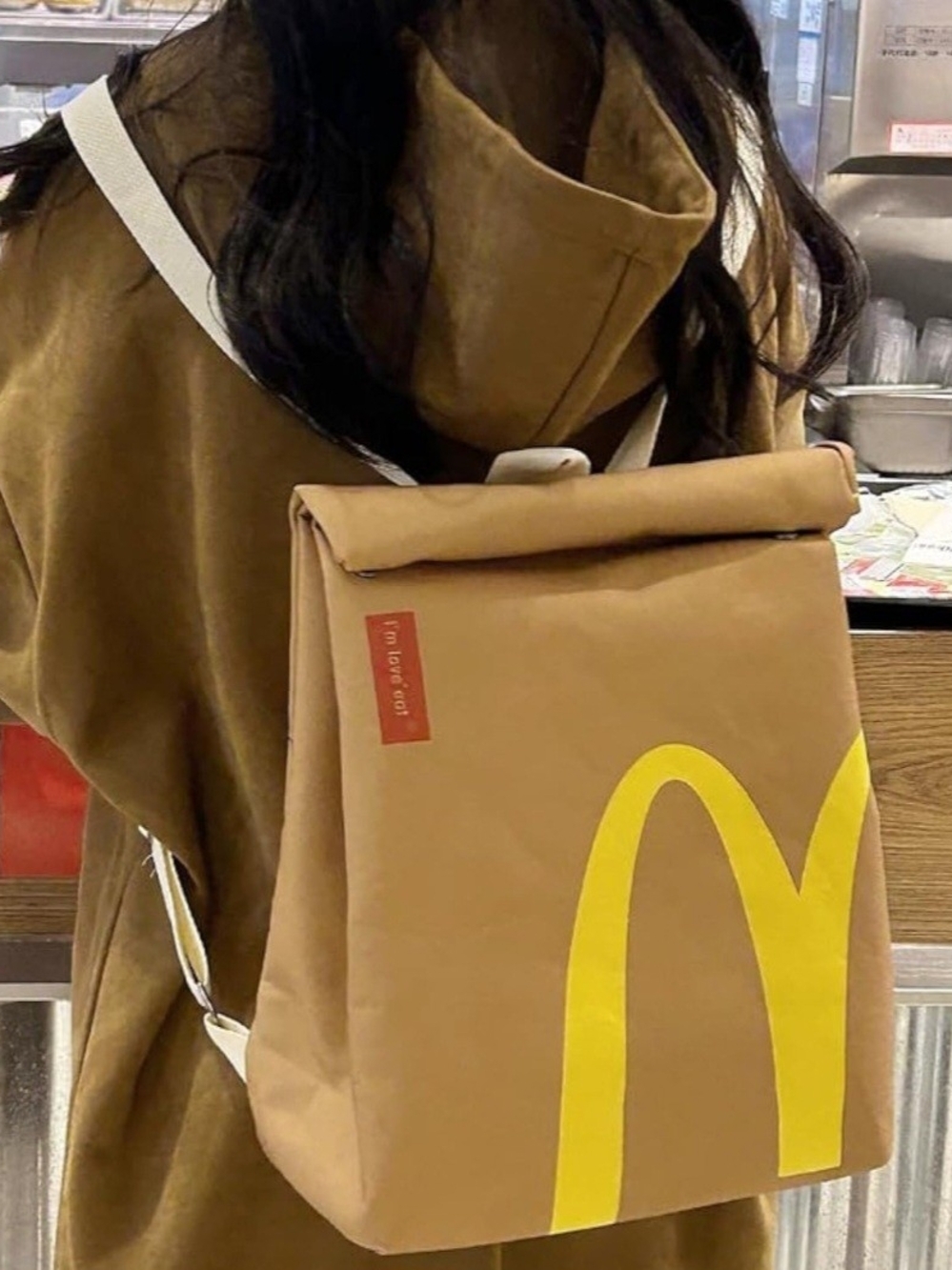 Brown Canvas Roll-Top McDonalds Backpack with Yellow Accent. HOT ITEM! - Picture 5 of 12